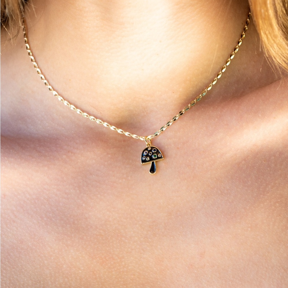 Black mushroom charm necklace with gold chain
